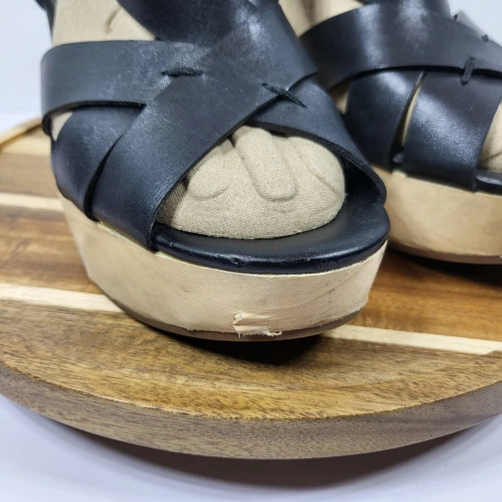 Rebecca Minkoff Black Leather Wood‎ Platform Block Heel Sandals Womens 9M